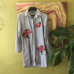 Striped floral convertible sleeve shirt dress M